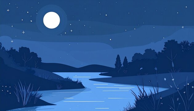 Minimalist dark blue night landscape with a softly glowing moon above a calm flowing river, delicate white stars scattered across the sky, lush trees and natural plants along the riverbanks.