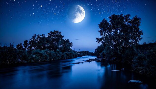 Minimalist dark blue night landscape with a softly glowing moon above a calm flowing river, delicate white stars scattered across the sky, lush trees and natural plants along the riverbanks.
