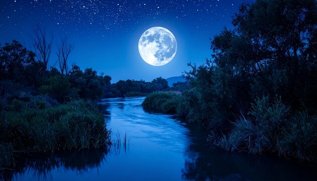 Minimalist dark blue night landscape with a softly glowing moon above a calm flowing river, delicate white stars scattered across the sky, lush trees and natural plants along the riverbanks.