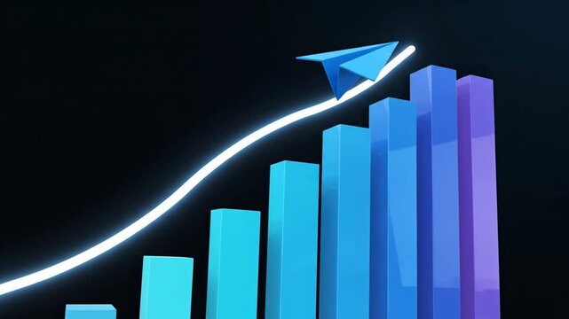 Paper airplane flying over growing bar graph