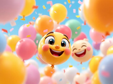 Smiling Balloon Character with Floating Balloons and Confetti 3D Illustration