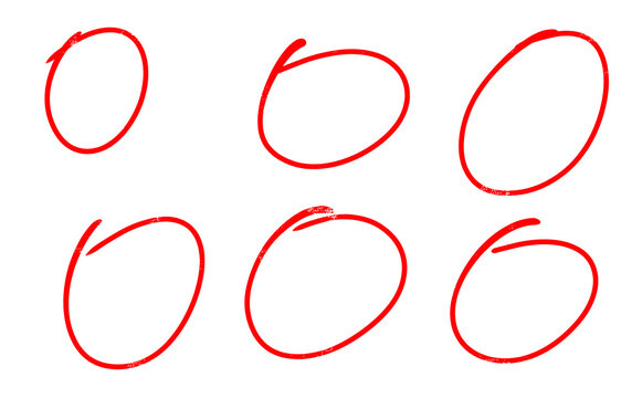 Set of Thick Red Hand Drawn Marker Circles Highlights and Round Doodle Shapes Vector Illustration