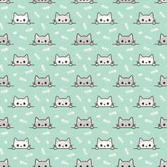 Seamless pattern of cute peeking cats and fish bones on a pastel mint green background.