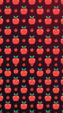 Red apples floating across dark background in this seamless vector animation footage displaying organic fruit pattern for healthy food branding