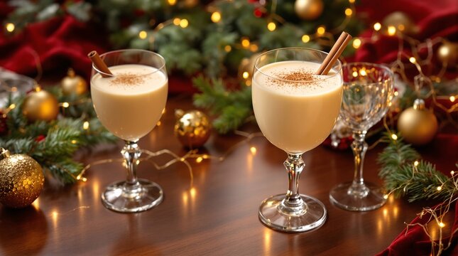 Two Glasses of Eggnog with Cinnamon Sticks on a Festive Table