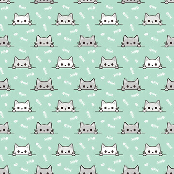 Seamless pattern of cute peeking cats and fish bones on a pastel mint green background.