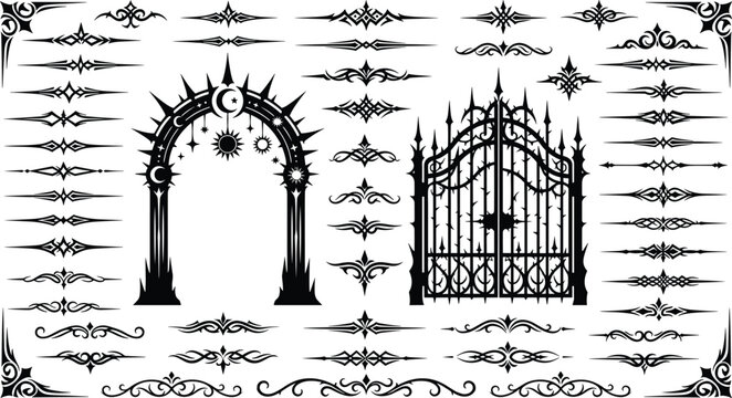 Gothic Architecture Ornament Set Vector Illustration Featuring Wrought Iron Gates Celestial Archway Borders and Black Tribal Divider Elements