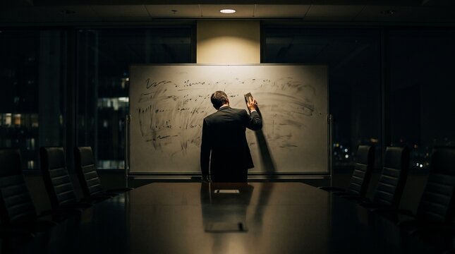Businessman erasing whiteboard