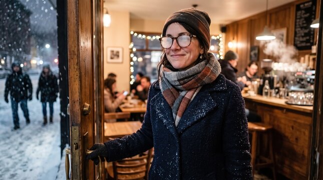 A woman stands at the door of a warm cafe while snow falls outside. People sit inside enjoying drinks and food. The scene shows winter in a busy city