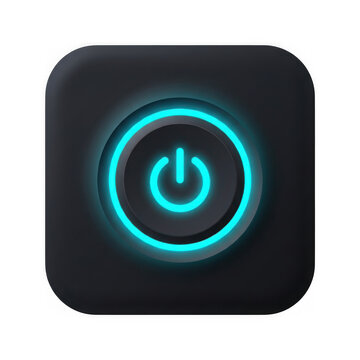 Modern black power button icon with bright glowing cyan neon ring as transparent cutout