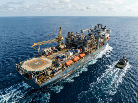 Large Offshore Construction Vessel Navigating Calm Blue Sea With Support Tug Boat On Bright Sunny Day