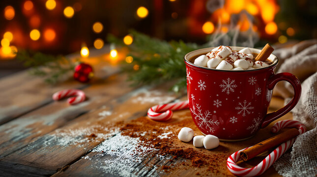 Hot Chocolate with Marshmallows and Candy Canes on Wooden Table