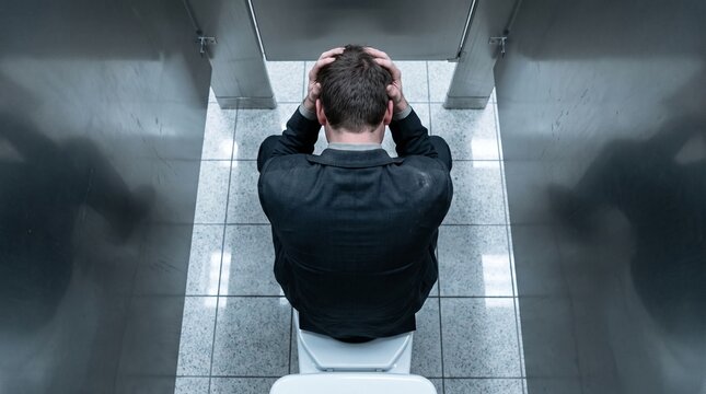 Businessman holding his head in a toilet stall