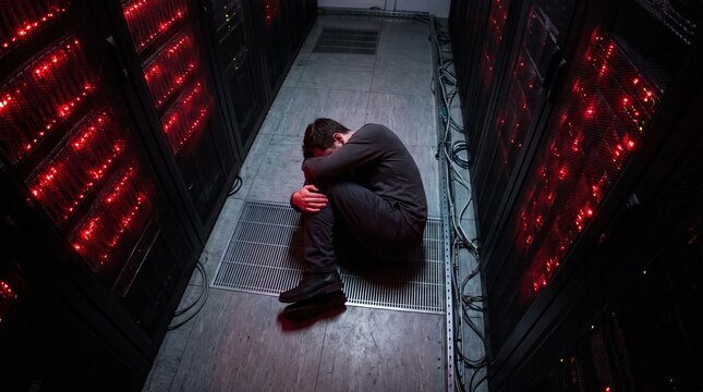 Man crouching in a server room