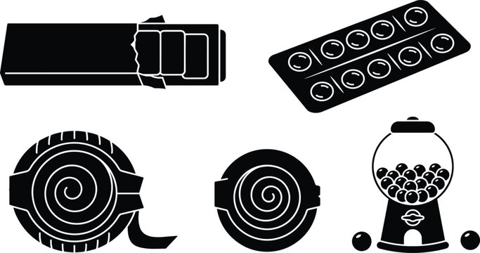 Chewing gum and candy vector icons set including bubblegum machine blister pack stick bar and tape rolls