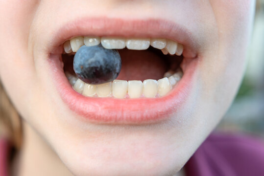 Young person playfully holding a fresh blueberry between their white teeth, representing concepts of childhood nutrition, oral health, and a healthy diet