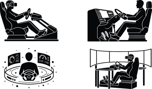 Driving simulator and virtual reality racing vector icons set including cockpit steering wheel pedals vr headset screens