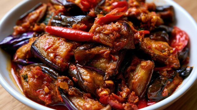 Spicy Stir-Fried Eggplant with Red Chili Sauce, Indonesian Sambal Terong Balado Dish