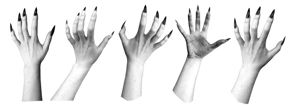 Retro Grunge Halftone Witch Hand Collection. Halloween paper cutout sticker set with long nail claw for collage and scrapbook design