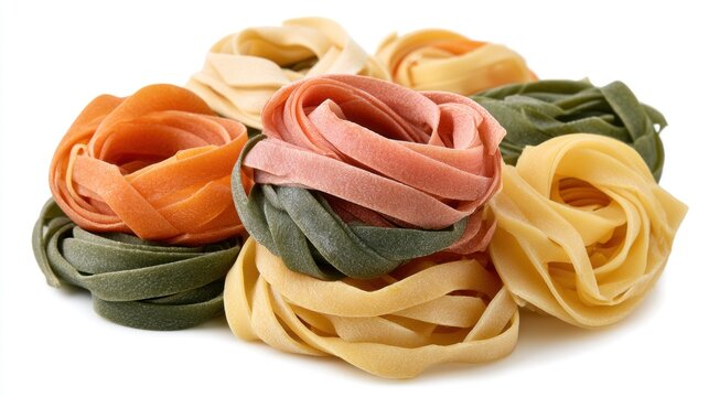 Assorted Colorful Raw Tagliatelle Pasta Nests Isolated on White Background
