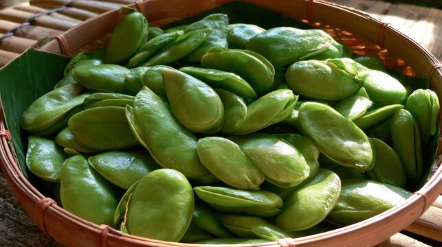 Fresh green petai beans (Parkia speciosa) in a woven basket, a popular ingredient in Southeast Asian cuisine.