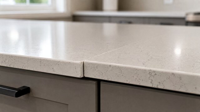 Close-up of joint between two countertop sections showing visible uneven seam and slight height difference, realistic new-construction installation defect