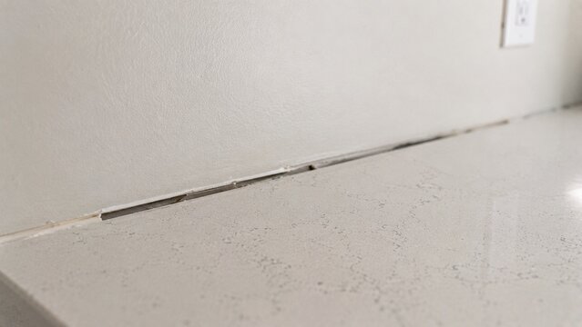 Close-up where newly installed countertop meets wall showing inconsistent visible gap and incomplete finishing, realistic kitchen punch-list deficiency