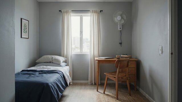 Simple minimalist bedroom interior with single bed wooden study desk wall mounted fan and window in grey color tone.