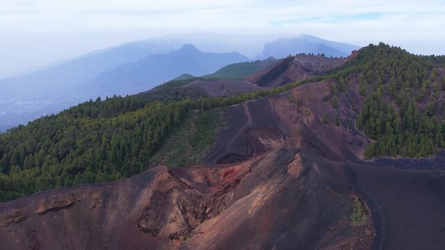 Aerial of fresh volcanic lava mountains and craters landscape of National Park Cumbre Vieja on La Palma island Canary Islands