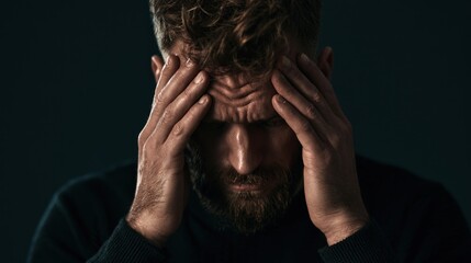Fototapeta premium Portrait of a stressed man holding his head in pain or despair, suffering from a severe migraine or mental health issues, dramatic lighting on a dark background
