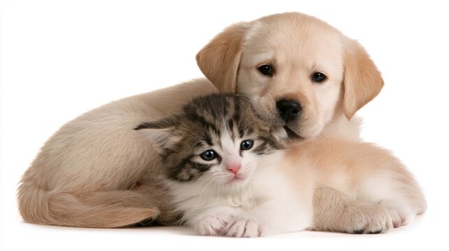 Adorable golden Labrador puppy and small tabby kitten cuddling together on white background