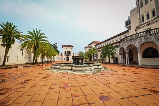 Exterior details and the arabic style court yard of the Syed Muhammad Naquib al-Attas Library, ISTAC, Kuala Lumpur Malaysia