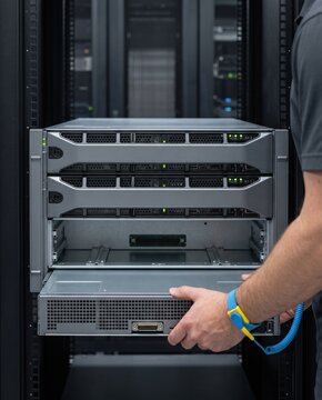 Technician installing rack server in data center cabinet