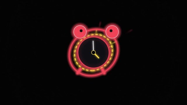 Glowing neon alarm clock animation with electrical lightning arcs and concentric circles on black