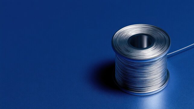 Silver metallic wire on a spool with copy space on a blue background