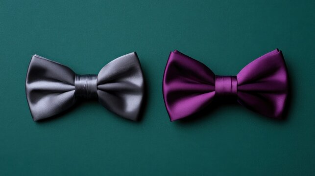 Two elegant satin bow ties in silver and purple on a dark green textured background