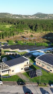 Solar Energy Technology Center with Rooftop Solar Panels, Ground-Mounted Arrays and Photovoltaic Research Systems in Florian&oacute;polis, Brazil. Aerial View.
