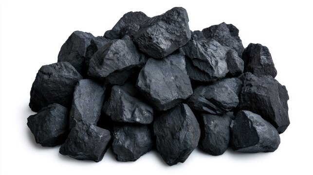 Pile of black coal pieces isolated on a white background, representing fossil fuel and energy resource.