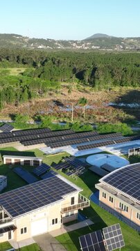 Solar Energy Technology Center with Rooftop Solar Panels, Ground-Mounted Arrays and Photovoltaic Research Systems in Florian&oacute;polis, Brazil. Aerial View.