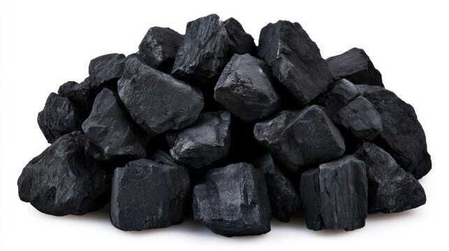 Pile of black coal pieces isolated on white background