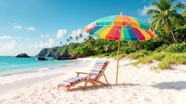 Colorful beach umbrella and striped lounge chair on white sand. Tropical island getaway with turquoise ocean and palm trees. Panning camera movement.