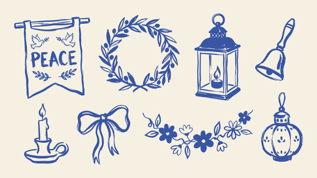 Blue hand drawn vector icons set with peace banner olive wreath lantern candle bell bow and floral garland for holiday decoration