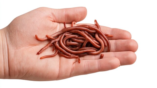Group of red earthworms in a human hand isolated on white background