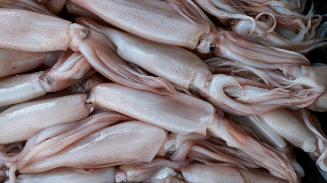 Fresh raw squids piled up for sale at a local seafood market