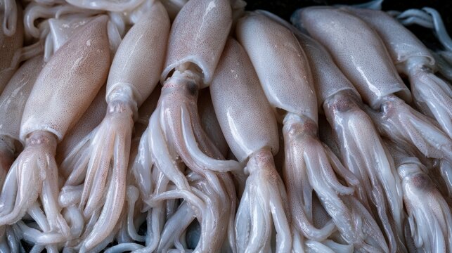 Fresh whole raw squids or calamari arranged in a row at a local fish market