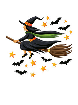 Halloween witch flying on broom surrounded by bats and stars