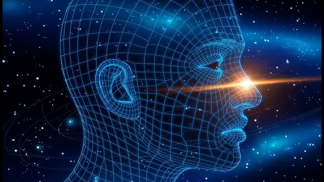 Futuristic digital human face with glowing eye in space background technology concept