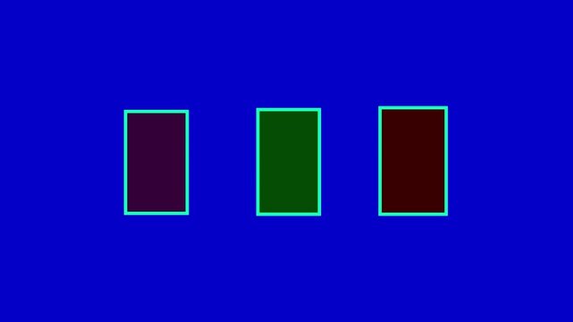 Minimalist loading animation with three small colorful rectangles on blue background
