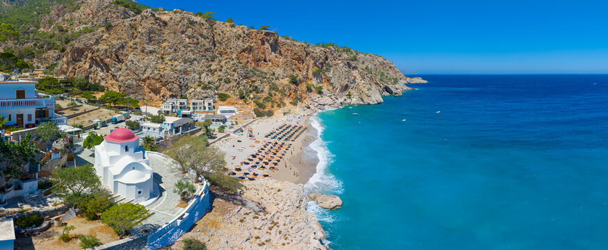 Kyra Panagia beach in Karpathos island, Greece with turquoise water and church