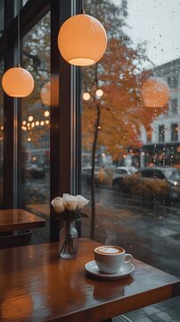 A steaming cup of coffee next to a flower vase on a table by a rainy cafe window